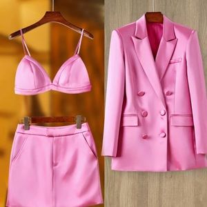 Pink double breasted blazer with skirt and bra